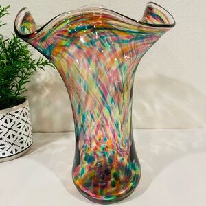 Glass Eye Studio Colorful Swirl Glass Vase w Ruffle Top. So Pretty!